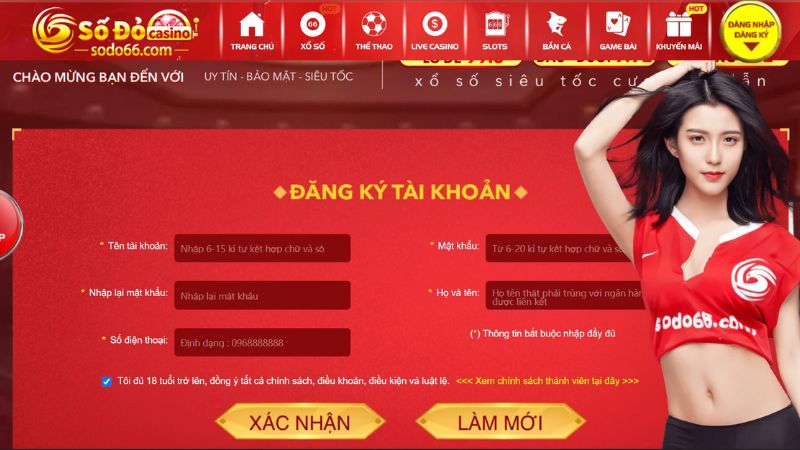 Giao diện đăng ký tài khoản của Sodo66